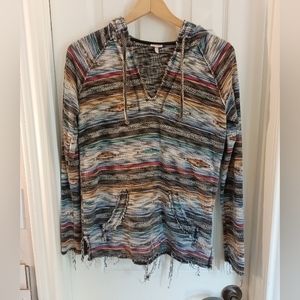 Ron Jon Surf Shop Aztec Print Bohemian Frayed Hem Pullover Hoodie Smal